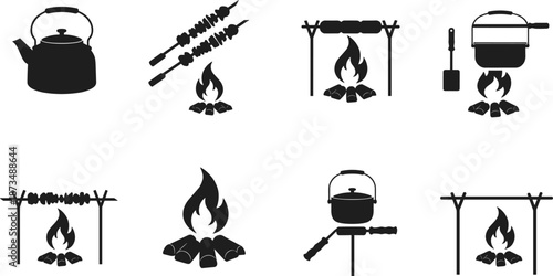 Camping cooking icons set featuring kettle, skewers, pot, campfire, grilling setup, firewood, outdoor survival tools perfect for adventure illustrations