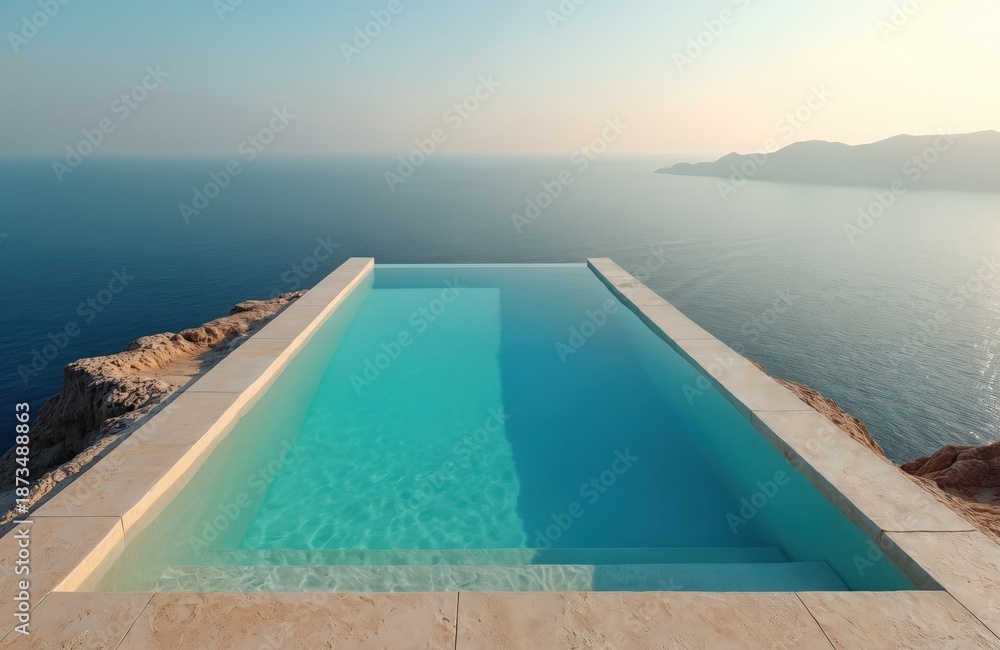Fototapeta premium Infinity edge pool on rocky cliff with sea horizon. Modern architecture, tile finish, turquoise water. Luxury vacation in resort or spa hotel with stunning ocean view. Calm nature landscape.