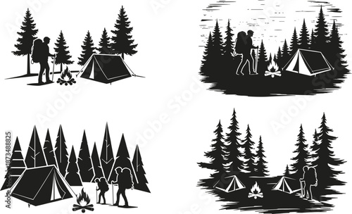 Camping, hiking, outdoor adventure scene with tents, campfire, forest trees, backpackers, wilderness exploration, nature travel, trekking silhouettes in wild landscape