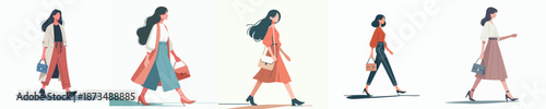 Stylish Flat Illustration of Woman Walking in Various Fashion Outfits Set