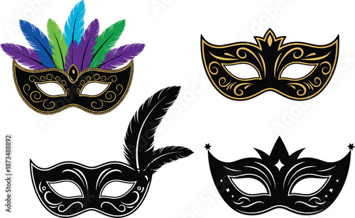 Elegant masquerade masks with feathers and ornate decorative patterns, carnival and costume party accessories in colorful and black vector designs