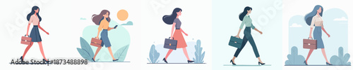 Flat Style Businesswoman Walking to Work with Briefcase Illustration Set