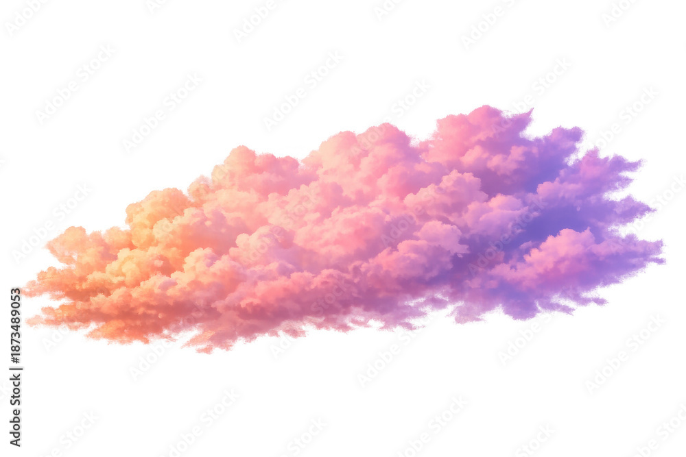 Fototapeta premium Colorful fluffy cloud of pastel pink, orange, and purple hues with a gradient blending across the soft sky element