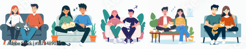 Flat Illustration Collection of Young Couples Spending Time with Pet Cat