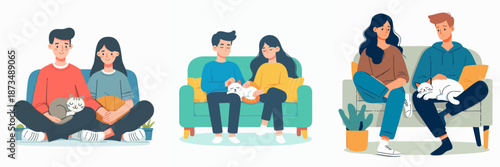 Flat Style Illustration of Couple Relaxing on Sofa with their Pet Cat