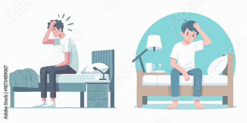 Flat Style Young Man Suffering Headache Sitting on Bed Illustration