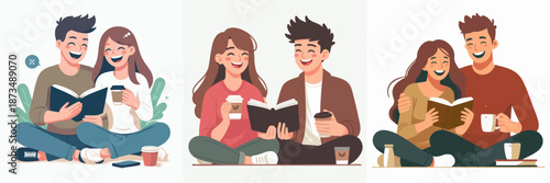 Minimalist Flat Illustration of Young Couple Reading Together with Beverages