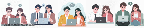 Minimalist Cartoon Style Confused Office Worker in Front of Laptop Illustration