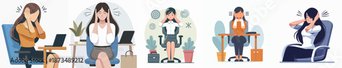 Flat Illustration of Stressed Businesswoman Experiencing Frustration at Office Desk