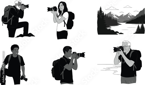 Collection of travel and outdoor photographer illustrations with cameras and backpacks, capturing nature landscapes and adventure scenes in a modern graphic style