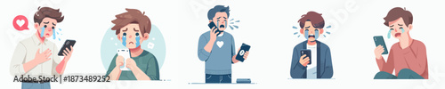 Cartoon Style Diverse Young Man Crying While Looking at Smartphone Illustration