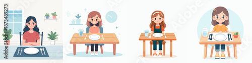 Cute Flat Illustration of Woman Before Meal at Dinner Table