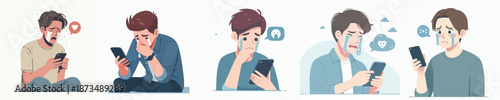 Illustration of Unhappy Man Expressing Emotional Pain Using Smart Phone