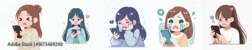 Cartoon Emotional Girl Using Smartphone Collection Illustration Set Design