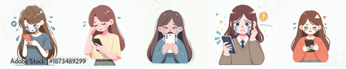 Cartoon Style Depressed Woman Using Smartphone Illustration in Various Emotion