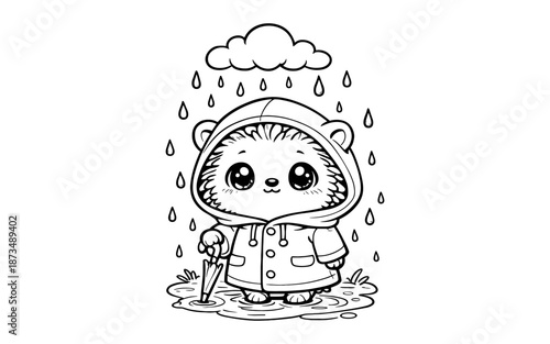 Cute hedgehog in raincoat enjoying rainy day with umbrella in black and white