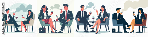 Flat Elegant Business People Discussing Deal with Drinks and Cigar Illustration