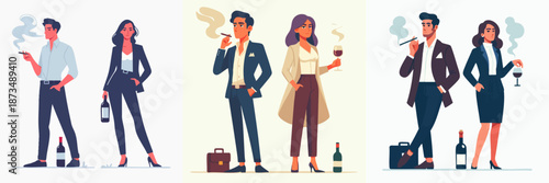 Elegant Flat Style Business People Illustration with Wine and Cigar Set