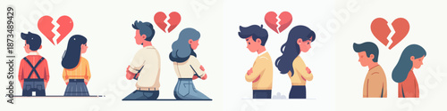 Flat Illustration of Couple Standing Back to Back with Broken Heart Emotion