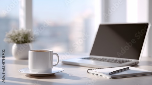 Aesthetic Workspace with Coffee, Laptop, and City View for Productive Work