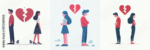 Minimalist Flat Style Couple Separated with Broken Heart Illustration Design