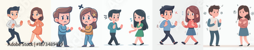 Cartoon Style Diverse Couple Conflict Resolution and Reconciliation Scenarios Illustration
