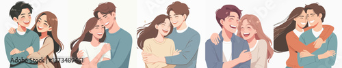 Cute Handdrawn Couple Embrace Diverse Expression Relationship Romantic Moment Illustration