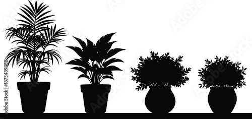Collection of potted plant silhouettes on a shelf, decorative indoor foliage, black botanical shapes for home decor, artwork, and graphic design