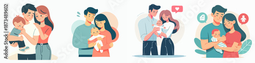 Cute Flat Illustration Collection of Happy Young Family and Newborn Baby