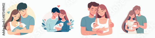 Simple Flat Family Illustration with Newborn Baby and Loving Parents Set