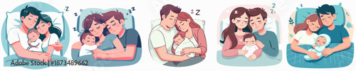 Cartoon Family Sleep in Bed with Baby Together Illustration Set