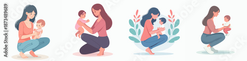 Flat Illustration Mom and Child Cuddle in a Sitting Position Design Graphic