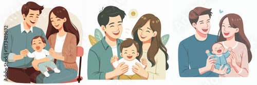 Cartoon Cheerful Happy Family with Baby Illustration Set in Various Poses