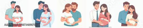 Tender Handrawn Couple Hugging Pregnant Woman Belly Illustration