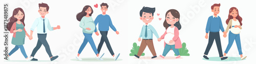 Cute Cartoon Style Walking Couple and Pregnant Woman Character Illustration