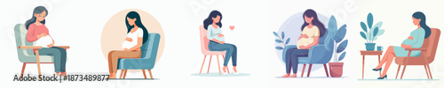 Flat Design Pregnant Woman Sitting Relaxing on Chair Illustration Set