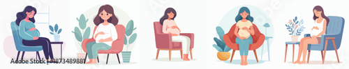 Flat Illustration Variety Pregnant Woman Sitting Relaxing on Chair Illustration
