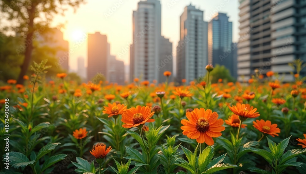 Fototapeta premium Orange flowers bloom in an urban garden. Buildings stand at the backdrop. The eco-friendly urban garden enhances city landscape, offers fresh air and beautifies the city. Eco-friendly concept.