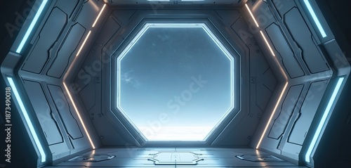 Futuristic interior with window to sky. Inside spacecraft or space station with neon lights. Modern tech design with open window to outer space. Scifi concept for film or game. © Vadym