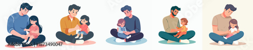 Illustrated Loving Father and Daughter Together in Various Color Scheme Illustration