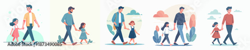 Minimalist Illustration of Father and Daughter Walking Together In Various Setting Concept