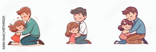 Cute Cartoon Father and Daughter Embracing with Love Expression Illustration Set