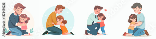 Cute Handdrawn Father and Daughter Hugging Together Tender Moment Illustration Set