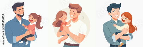 Flat Cartoon Illustration of Fatherhood Moments Celebrating Fathers with Young Children