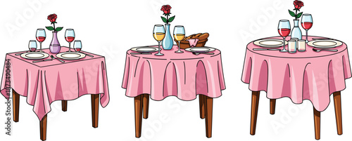 Romantic restaurant table setting with pink tablecloth, wine glasses, plates, and rose centerpiece in elegant dining illustration on white background