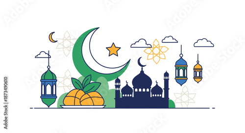 Islamic Illustration Featuring Crescent Moon and Mosque.