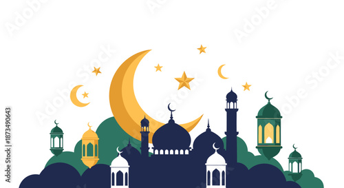 Islamic Mosque Silhouette with Crescent Moon.