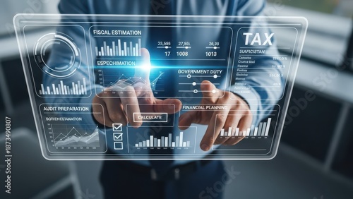 Closeup Businessman Hand interacting with virtual tax calculator, representing fiscal estimation, government duty, financial planning, and audit preparation.
