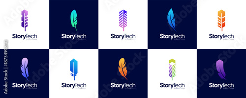 A collection of pen-illustrated logos with technological concepts, geometric shapes, curved angles, stories, and vector graphic inspiration.
