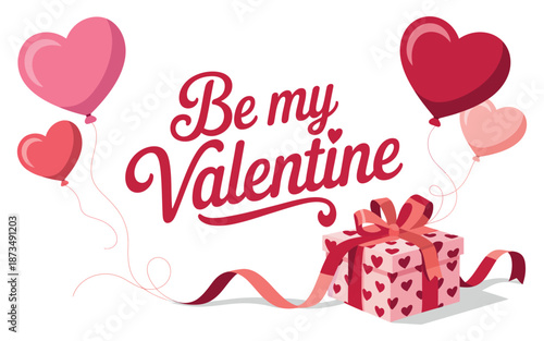 A festive Valentine's Day graphic with a gift and heart-shaped balloons